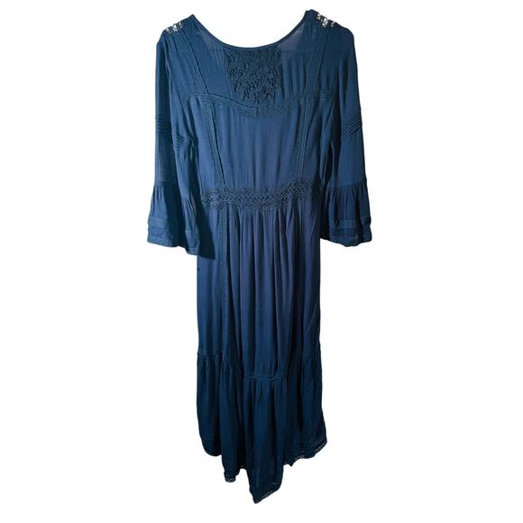 Free People Navy Boho Cottage Core Teared Lace Hi Low Maxi Dress Bell Sleeve 2 - Picture 5 of 16